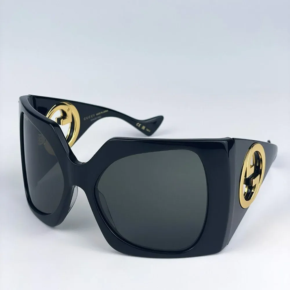 NEW Gucci GG1255S 001 Black Grey Wraparound Oversized Women Sunglasses